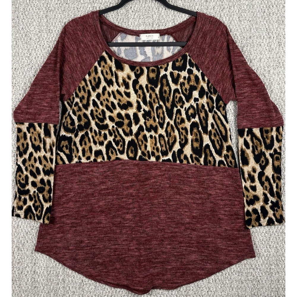 a.gain Leopard Animal Print Colorblock Tunic Top Women's M 3/4 Sleeve USA